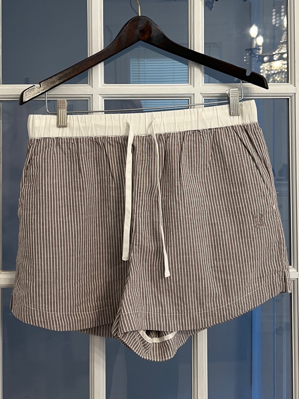 MONROW Women’s Striped Cotton Drawstring Shorts Taupe White Coastal Lounge Sz M